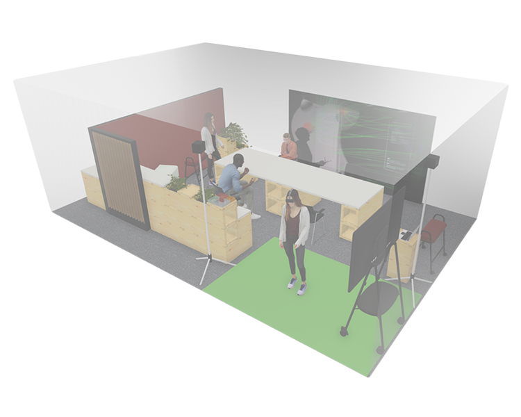 CyberCare Lab mit einer Powerwall, Sitzmöbeln, einer VR-Area und einem Meetingtisch