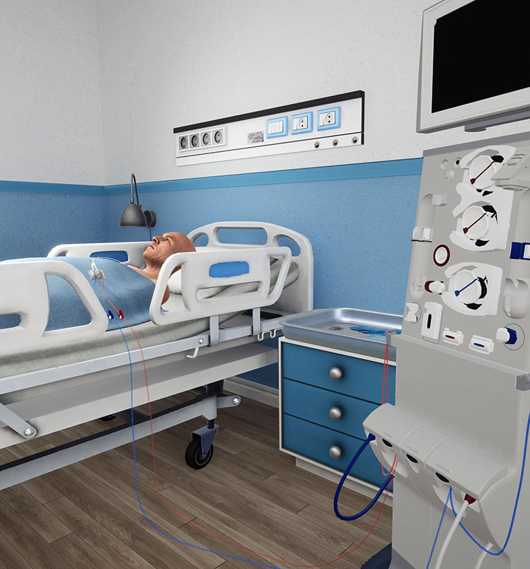 Abbildung einer Person in einem Krankenbett in VR, welche mit Kathetern an eine Maschine angeschlossen ist
